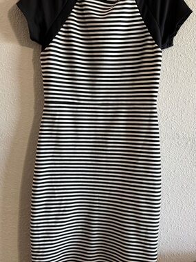 Renvy Black and White Striped Midi Dress